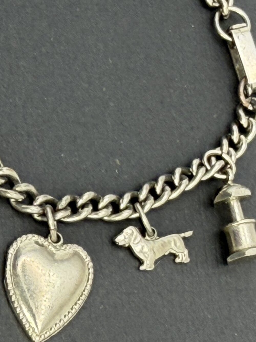 Vintage Novelty Charm Bracelet Football Dog Heart Movable 6.75” Silver Tone